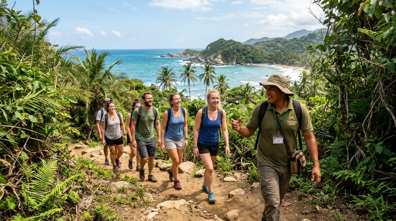Certified local guide leading hiking group in Tayrona National Park